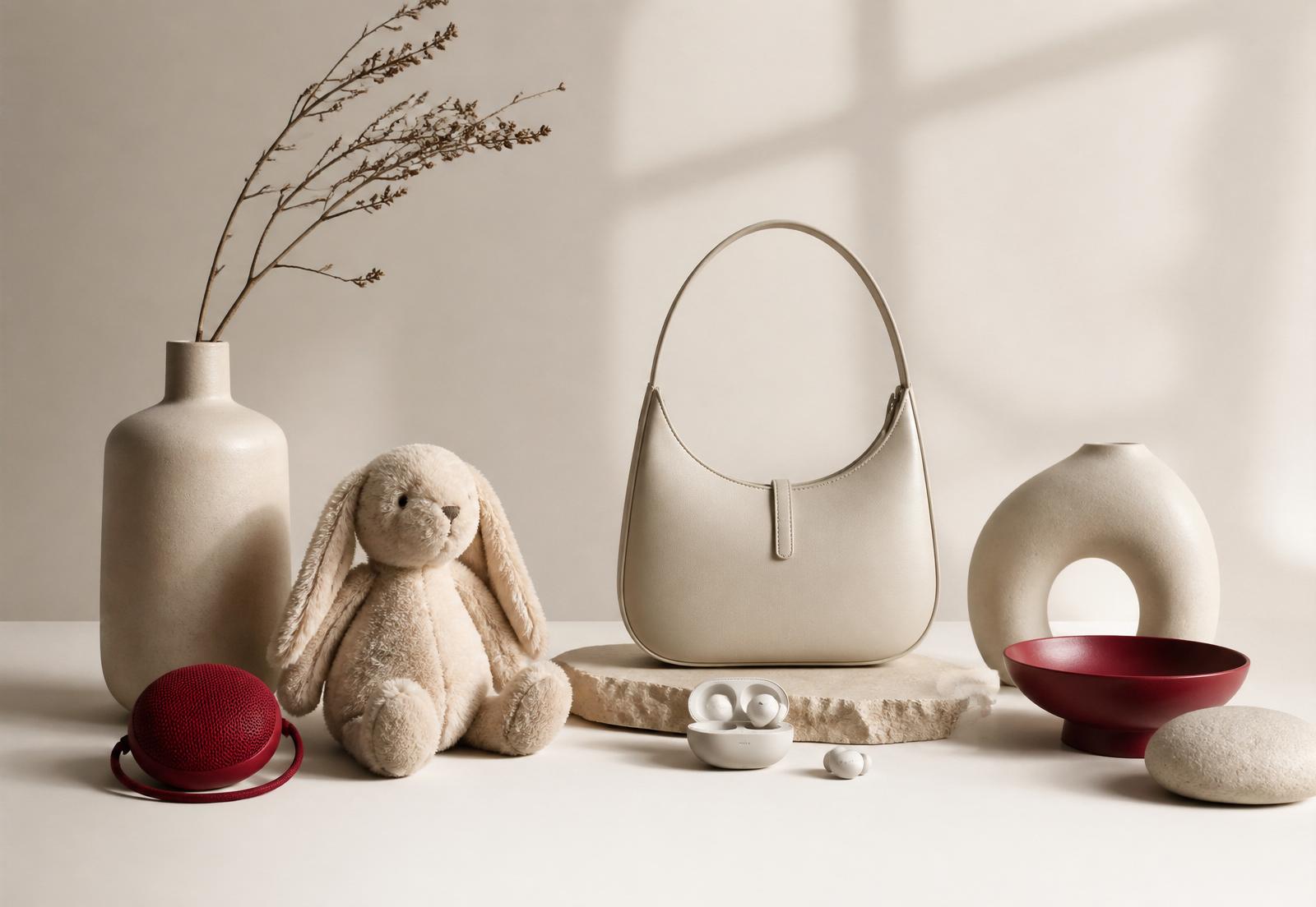 Composición editorial con artículos de decoración, un peluche neutro, una cartera minimalista y accesorios tecnológicos.